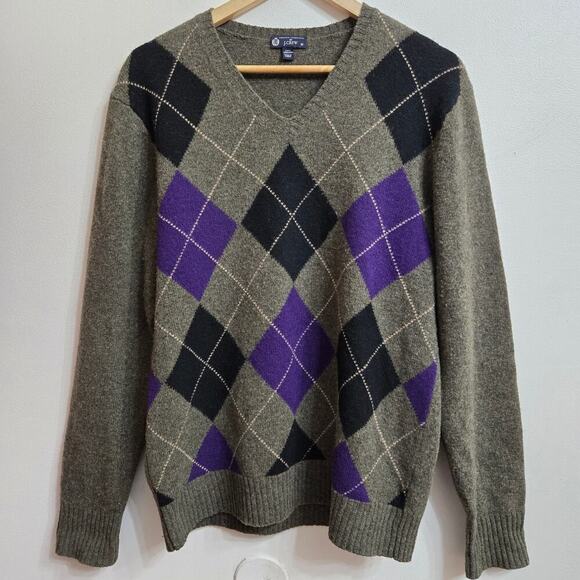 J.Crew Mens Argyle V-Neck Sweater M Lambswool Old Money Preppy Academia Classic - Picture 1 of 9